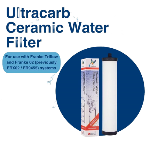 Replacement ceramic water filter element with black caps designed to reduce chlorine, bacteria, cysts, sediment, and heavy metals, suitable for appliances, emergency supplies, and water treatment.