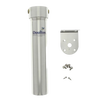 Sleek stainless steel water filter housing with mounting bracket and hardware, designed for under-sink installation, suitable for emergency supplies and water treatment appliances.