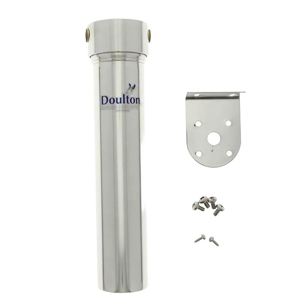 Sleek stainless steel water filter housing with mounting bracket and hardware, designed for under-sink installation, suitable for emergency supplies and water treatment appliances.
