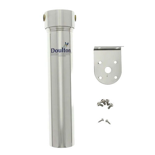 Sleek stainless steel water filter housing with mounting bracket and hardware, designed for under-sink installation, suitable for emergency supplies and water treatment appliances.