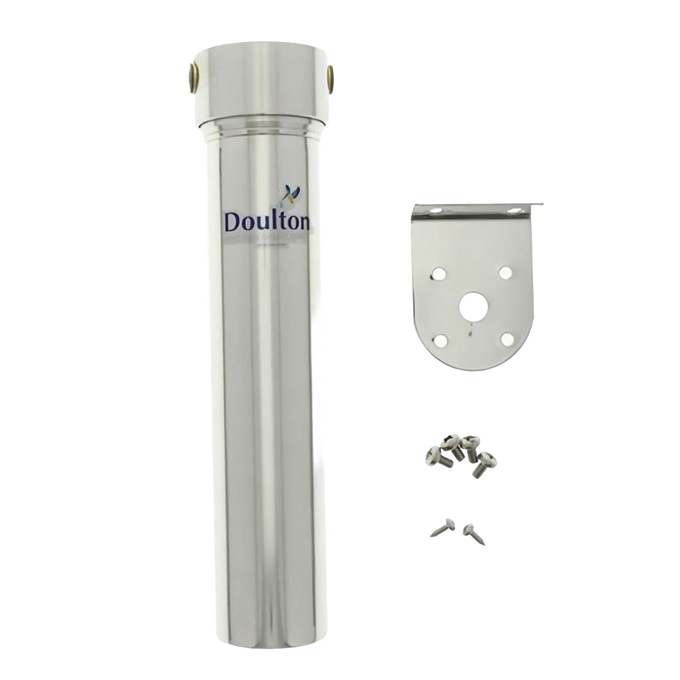 Sleek stainless steel water filter housing with mounting bracket and hardware, designed for under-sink installation, suitable for emergency supplies and water treatment appliances.