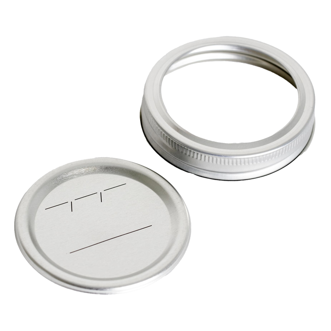 Silver metal regular-mouth canning jar lid and matching band with BPA-free sealing compound, featuring simple black labeling lines, ideal for kitchen food preservation and canning collections.