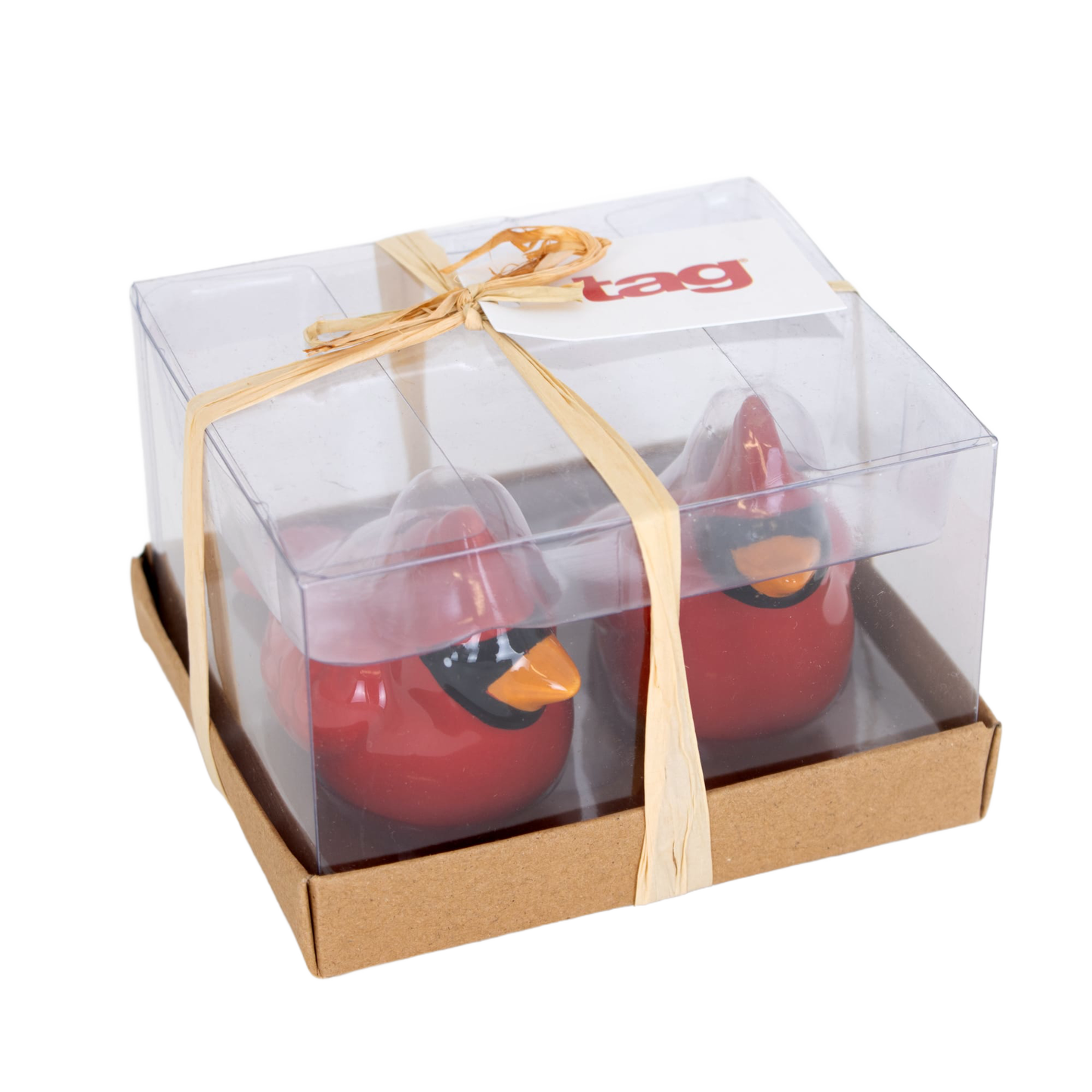 Handcrafted earthenware cardinal salt and pepper shakers in red with hand-painted details, gift-ready in an acetate box for Kitchen & Food, Dinnerware, Best Sellers, and Promo Eligible collections.
