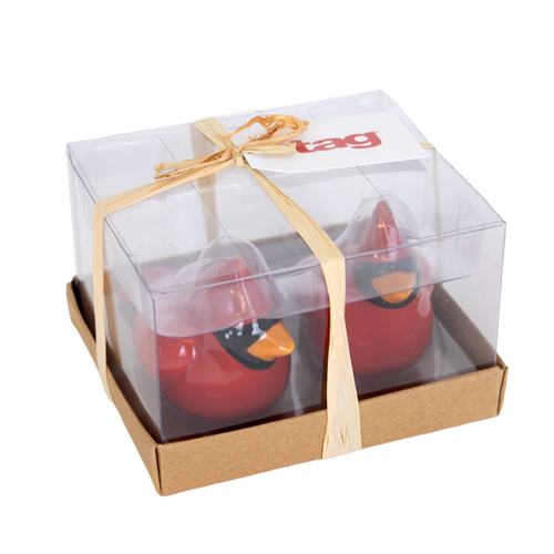 Handcrafted earthenware cardinal salt and pepper shakers in red with hand-painted details, gift-ready in an acetate box for Kitchen & Food, Dinnerware, Best Sellers, and Promo Eligible collections.