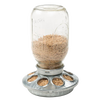 Galvanized metal base with individual feeding slots holding a clear quart jar filled with feed, designed for easy chicken access, featured in Farm, Garden & Tool and Animal Care collections.