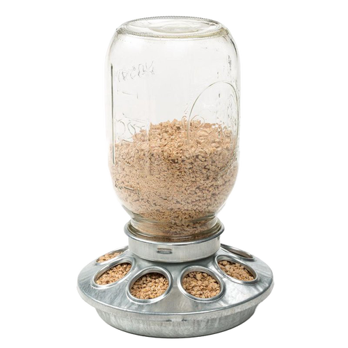 Galvanized metal base with individual feeding slots holding a clear quart jar filled with feed, designed for easy chicken access, featured in Farm, Garden & Tool and Animal Care collections.