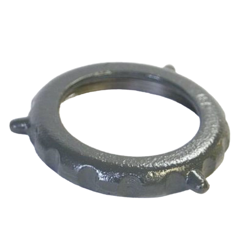 Close-up of a sturdy metal ring with protruding tabs, designed as a replacement part for kitchen grinders, featured in Specialty Equipment, Butchering Supplies, and USA Made collections.