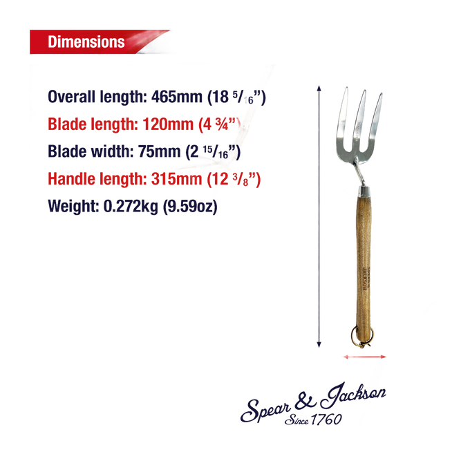 Hand weed fork featuring mirror-polished stainless steel tines and a weatherproofed wooden handle, designed for farm, garden, and lawncare use in digging and cultivating tasks.