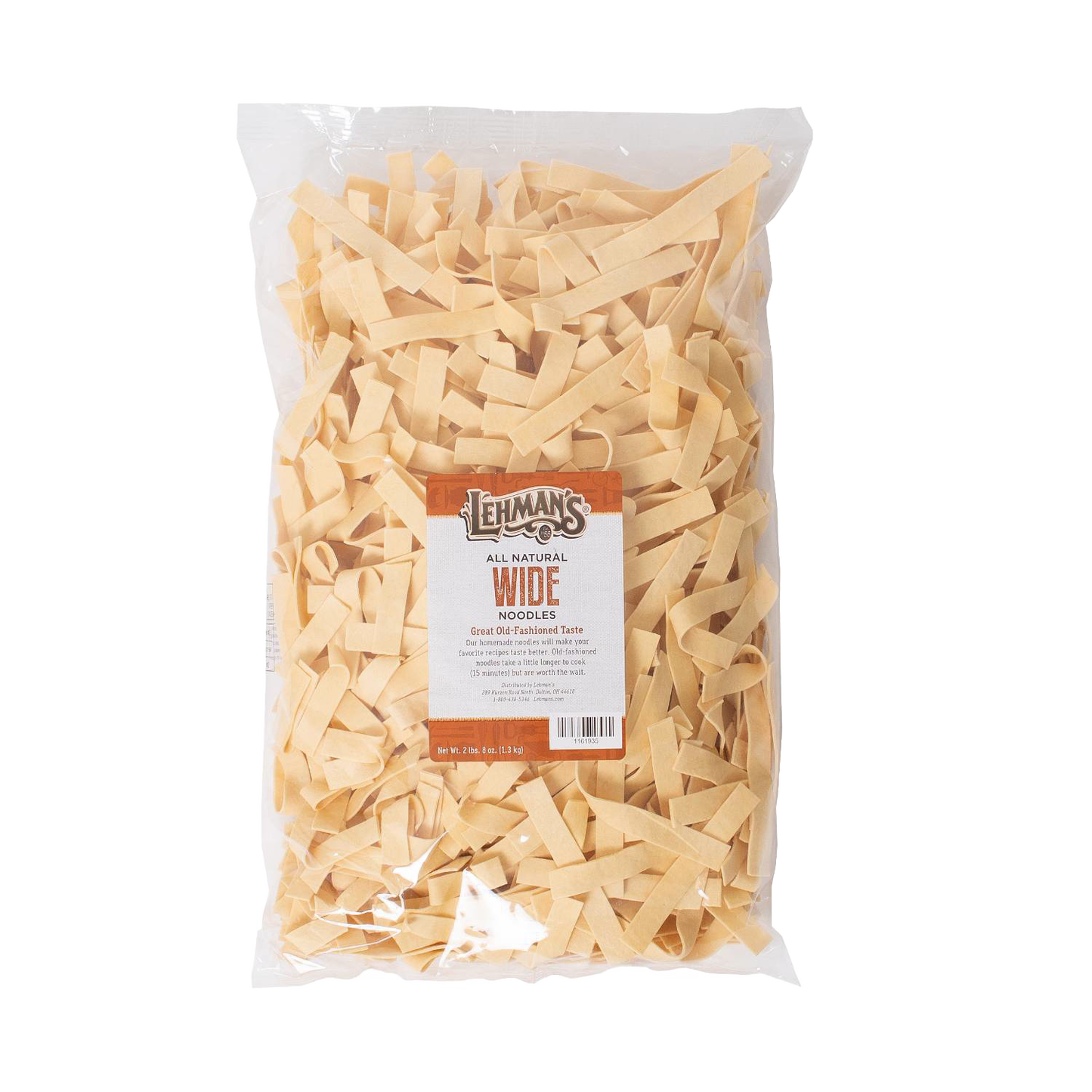 Clear plastic bag filled with handcrafted wide egg noodles, made in USA, ideal for Kitchen & Food, Pantry, USA Made, Best Sellers, and Promo Eligible collections.