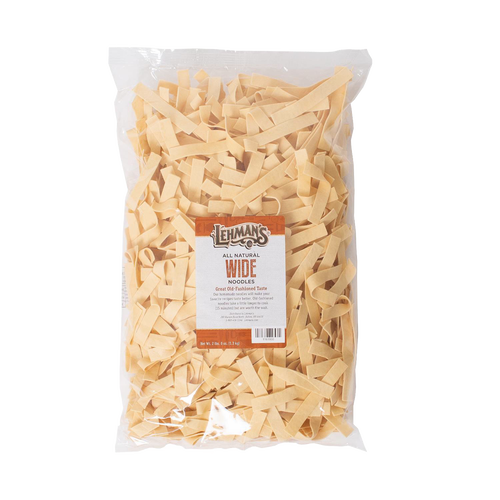 Clear plastic bag filled with handcrafted wide egg noodles, made in USA, ideal for Kitchen & Food, Pantry, USA Made, Best Sellers, and Promo Eligible collections.