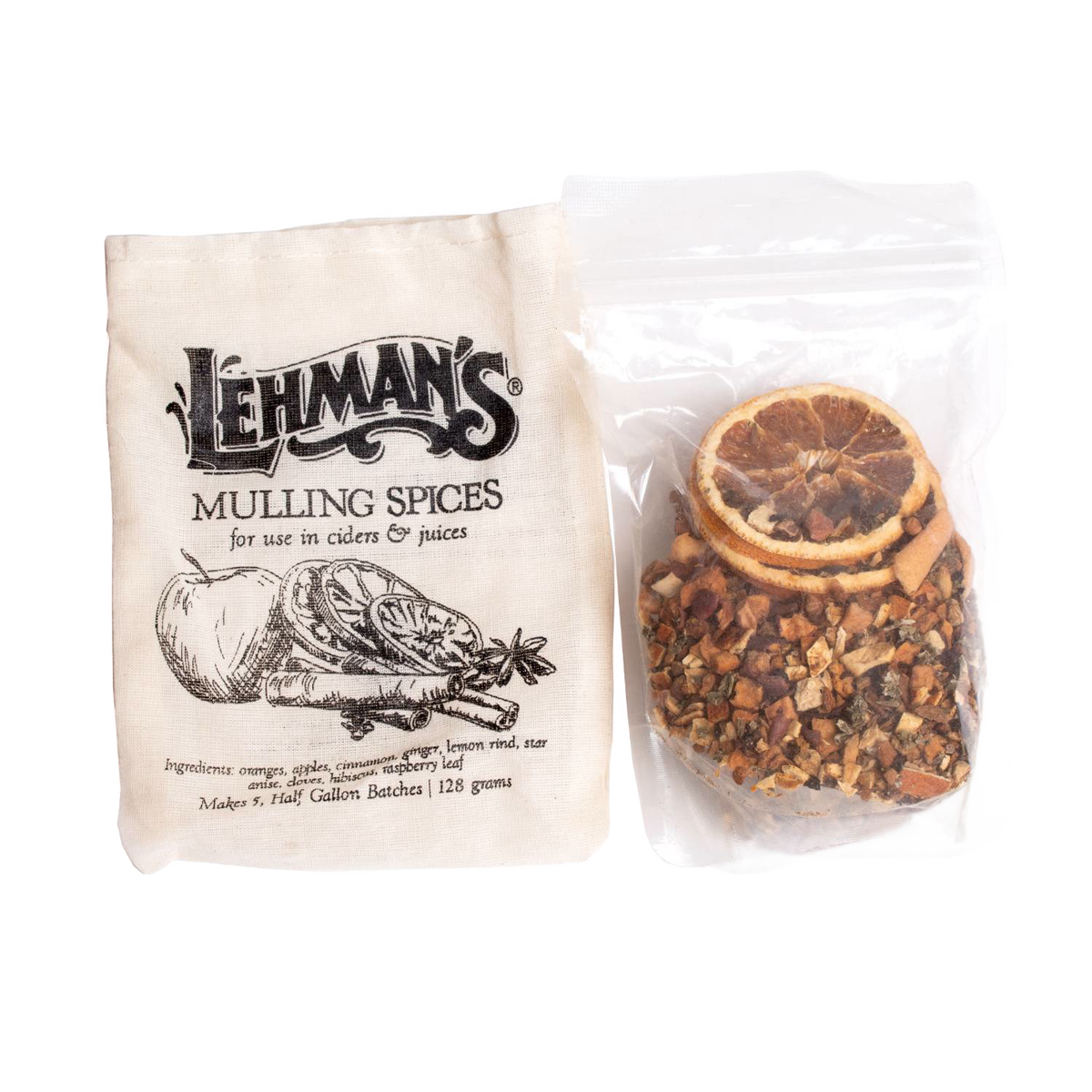 Handcrafted packet of Lehman's mulling spices featuring dried orange slices, cinnamon, and other aromatics, made in USA for Kitchen & Food, Beverages, Food, Best Sellers, and Promo Eligible collections.