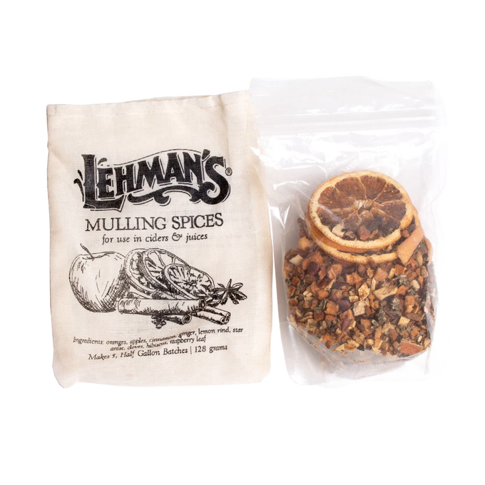 Handcrafted packet of Lehman's mulling spices featuring dried orange slices, cinnamon, and other aromatics, made in USA for Kitchen & Food, Beverages, Food, Best Sellers, and Promo Eligible collections.