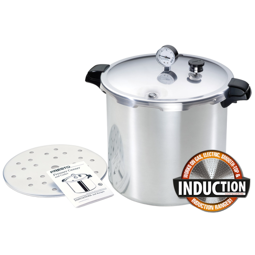 23-quart stainless steel pressure canner with lid, pressure gauge, and perforated rack, designed for safe food preservation, featured in Kitchen & Food, Canning, and Pressure Canners collections.