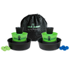 Set of two green plastic buckets with attached black catch trays and black cups stacked inside, accompanied by green and blue balls, a black drawstring storage bag nearby, part of Toys, Books & Games and Lawn Games collections.
