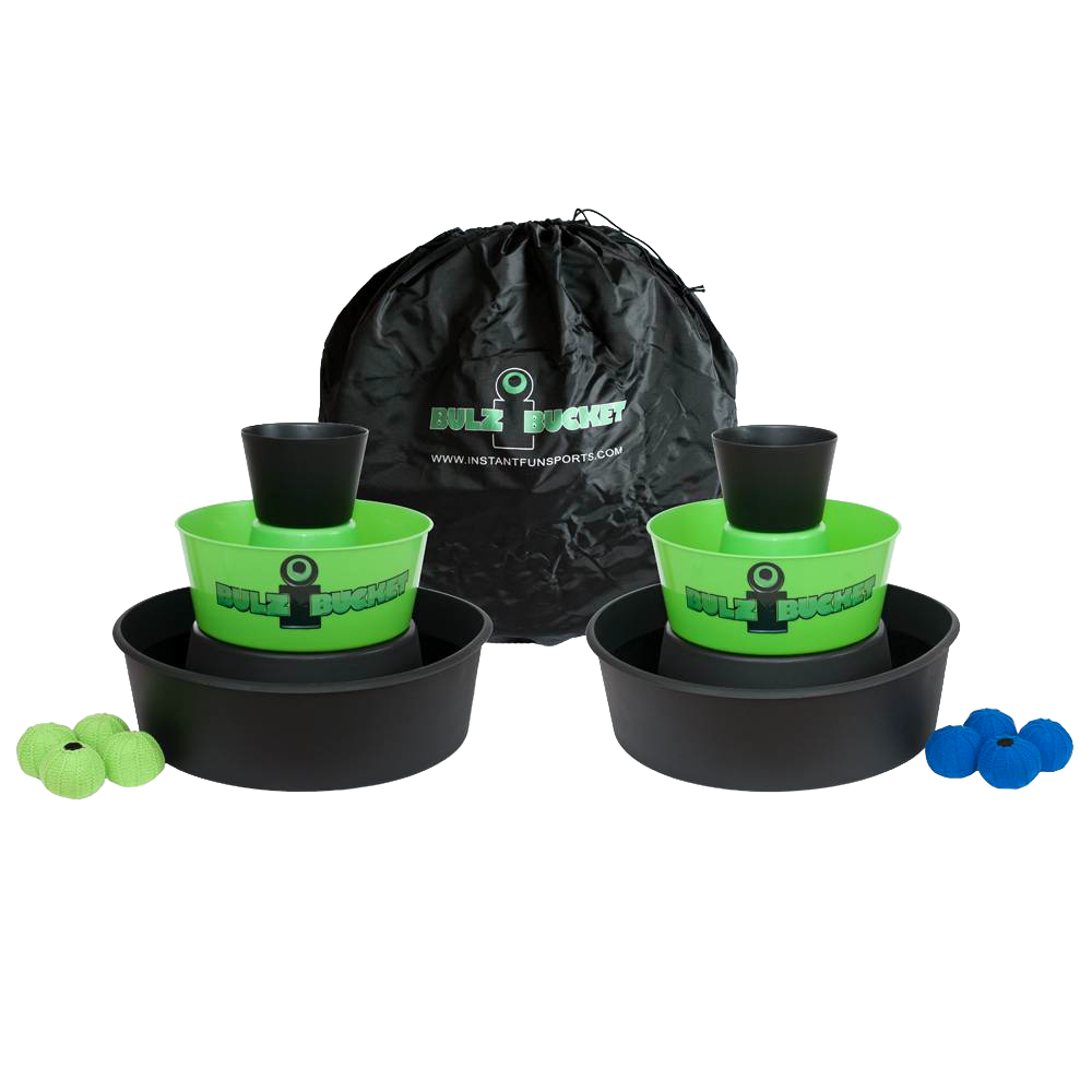 Set of two green plastic buckets with attached black catch trays and black cups stacked inside, accompanied by green and blue balls, a black drawstring storage bag nearby, part of Toys, Books & Games and Lawn Games collections.