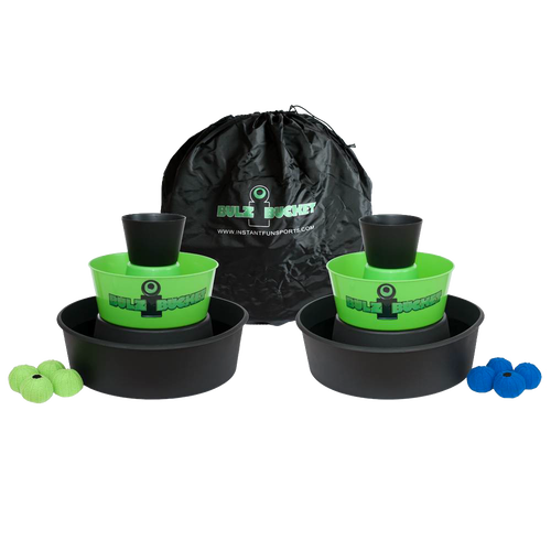 Set of two green plastic buckets with attached black catch trays and black cups stacked inside, accompanied by green and blue balls, a black drawstring storage bag nearby, part of Toys, Books & Games and Lawn Games collections.