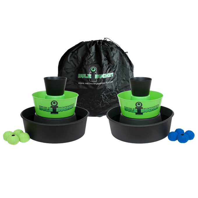 Set of two green plastic buckets with attached black catch trays and black cups stacked inside, accompanied by green and blue balls, a black drawstring storage bag nearby, part of Toys, Books & Games and Lawn Games collections.