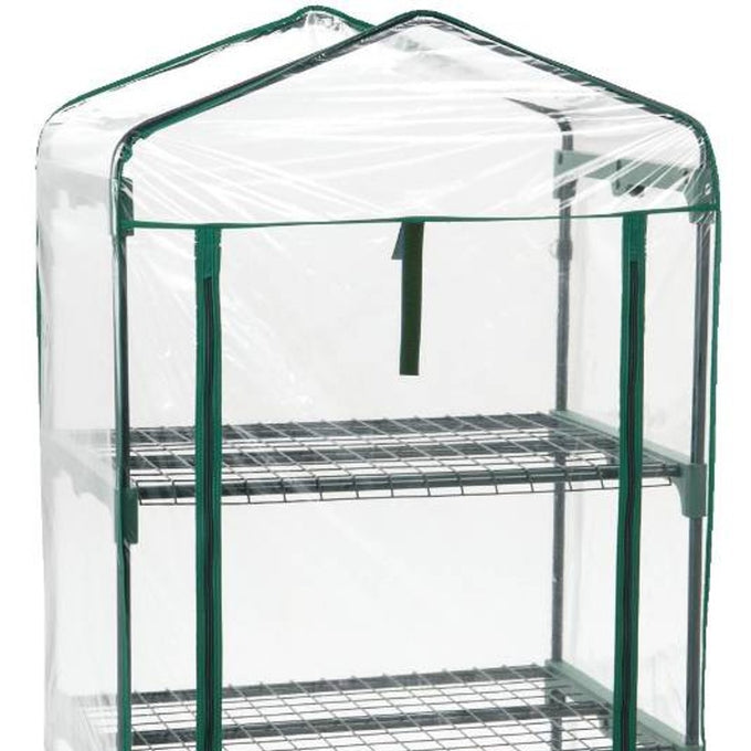 Compact small-space greenhouse with four wire grid shelves and clear zippered cover for easy plant access, designed for air circulation; featured in Farm, Garden & Tool, Garden Accessories, Seeds and Planting, Best Sellers, and Promo Eligible collections.