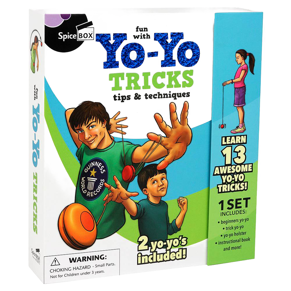 Boxed yo-yo trick set featuring colorful illustrations of two boys performing yo-yo stunts, includes two yo-yos, instructional book, suitable for children's indoor and outdoor play collections.