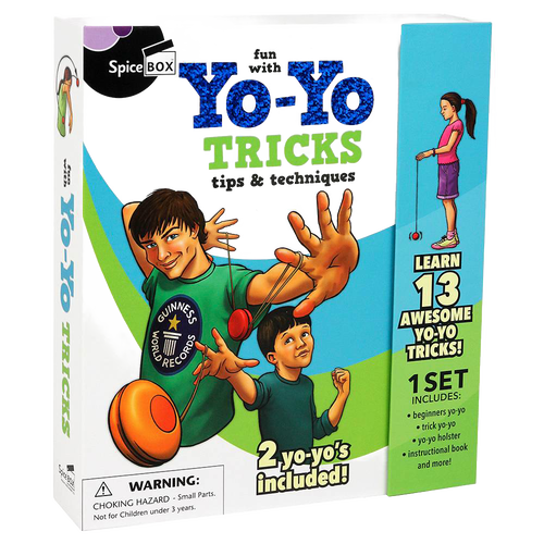 Boxed yo-yo trick set featuring colorful illustrations of two boys performing yo-yo stunts, includes two yo-yos, instructional book, suitable for children's indoor and outdoor play collections.