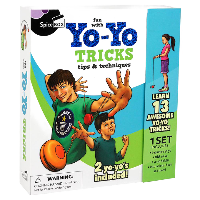 Boxed yo-yo trick set featuring colorful illustrations of two boys performing yo-yo stunts, includes two yo-yos, instructional book, suitable for children's indoor and outdoor play collections.