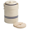 Handmade striped stoneware fermenting crock with a built-in water-seal gutter, featuring a lead-free, food-safe glaze in classic blue and cream, ideal for kitchen, food preservation, and homesteading.