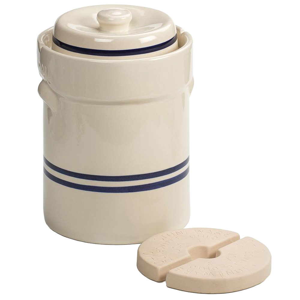 Handmade striped stoneware fermenting crock with a built-in water-seal gutter, featuring a lead-free, food-safe glaze in classic blue and cream, ideal for kitchen, food preservation, and homesteading.