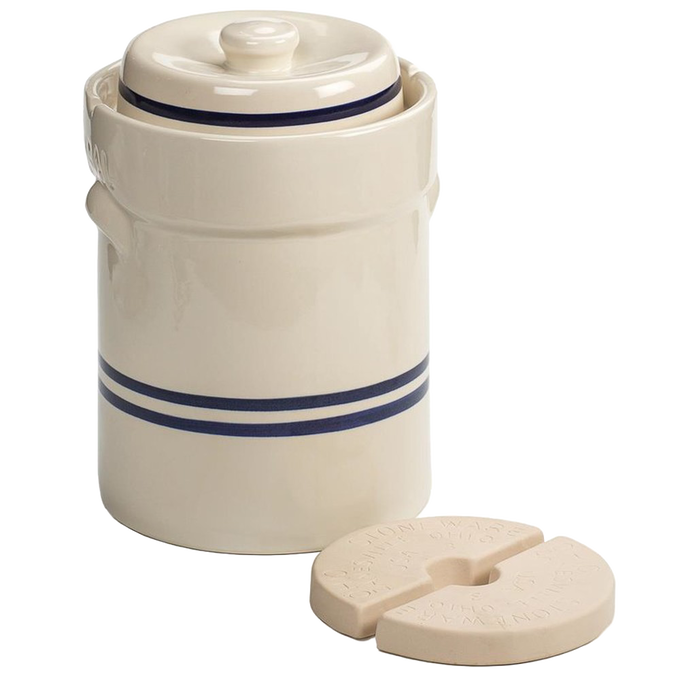 Handmade striped stoneware fermenting crock with a built-in water-seal gutter, featuring a lead-free, food-safe glaze in classic blue and cream, ideal for kitchen, food preservation, and homesteading.