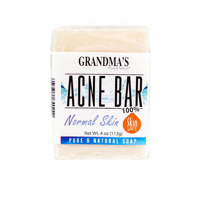 Handcrafted bar of natural soap designed for normal skin, labeled skin safe, featuring gentle ingredients to help clear acne, ideal for Health & Wellness and Soapmaking collections.