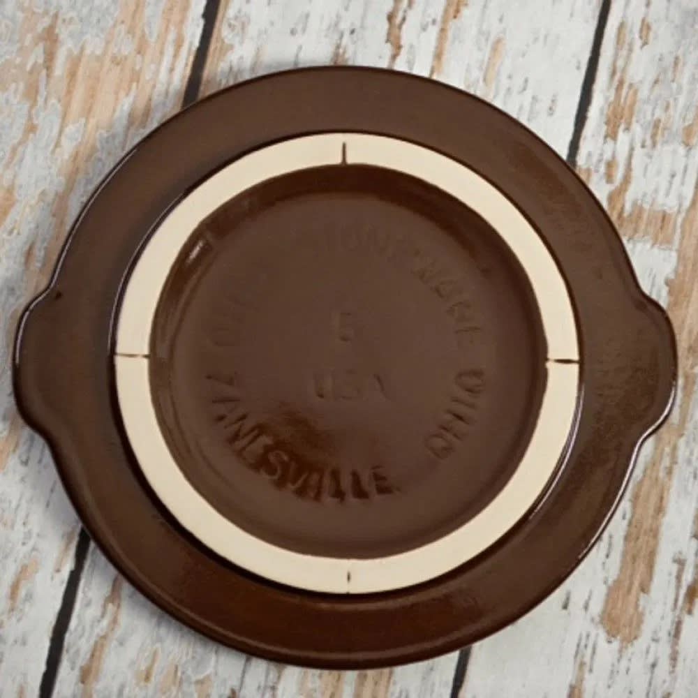 Handcrafted dark brown stoneware crock cover with cream accent ring and side handles, made in USA, ideal for kitchen food preservation, fermenting, and pickling collections.