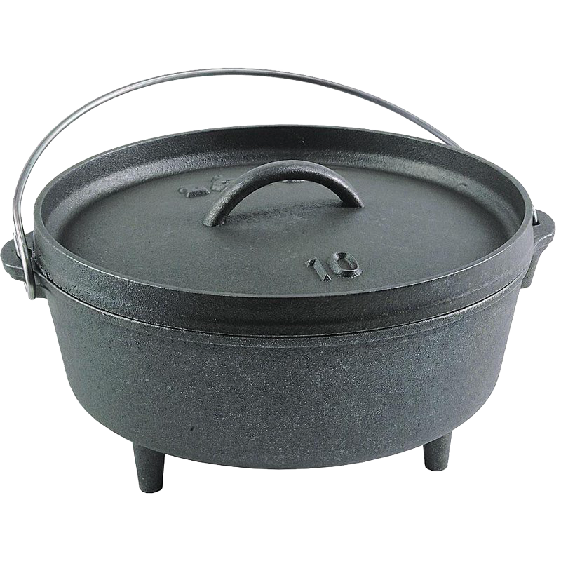 Sturdy cast iron camp Dutch oven with built-in legs and handle, designed for versatile outdoor cooking; crafted in the USA and featured in Farm, Garden & Tool, Camping, and Cast Iron collections.