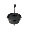 Black nitrogen-hardened cast iron Dutch oven with lid and coil handle, featuring a smooth finish and three legs for stable outdoor cooking, perfect for camping and cookware collections.