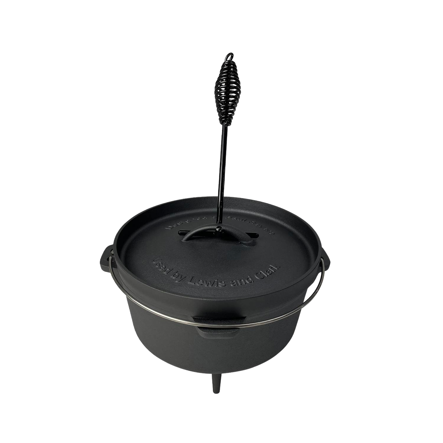 Black nitrogen-hardened cast iron Dutch oven with lid and coil handle, featuring a smooth finish and three legs for stable outdoor cooking, perfect for camping and cookware collections.
