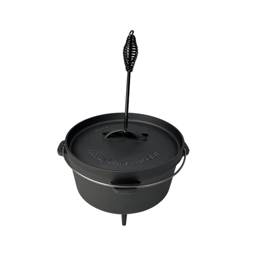Black nitrogen-hardened cast iron Dutch oven with lid and coil handle, featuring a smooth finish and three legs for stable outdoor cooking, perfect for camping and cookware collections.