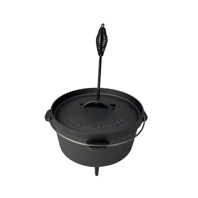 Black nitrogen-hardened cast iron Dutch oven with lid and coil handle, featuring a smooth finish and three legs for stable outdoor cooking, perfect for camping and cookware collections.