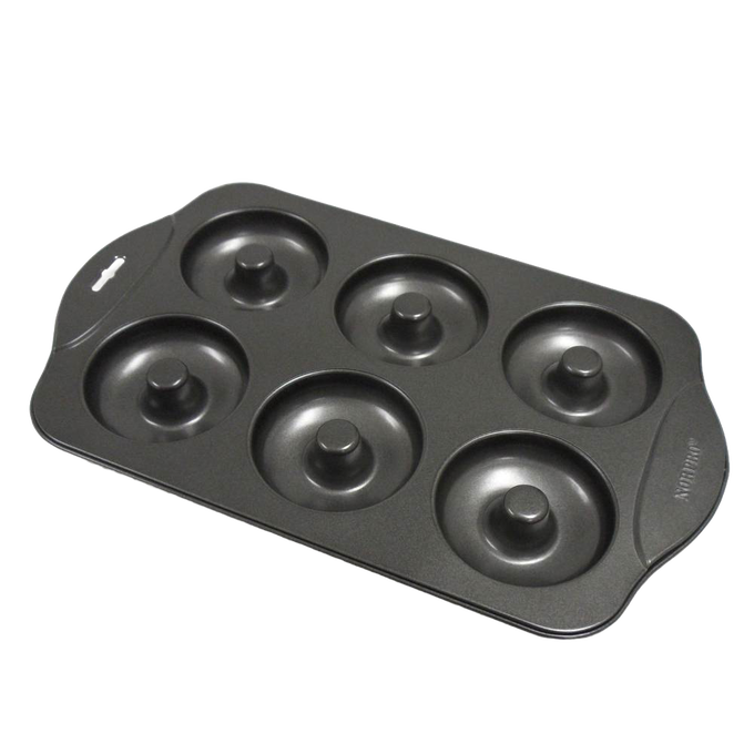 Durable nonstick donut pan with six 3-1/2-inch cavities for healthier, low-fat baking, featured in Kitchen & Food, Cookware, Baking Supplies, Kitchen Gadgets, and Best Sellers collections.