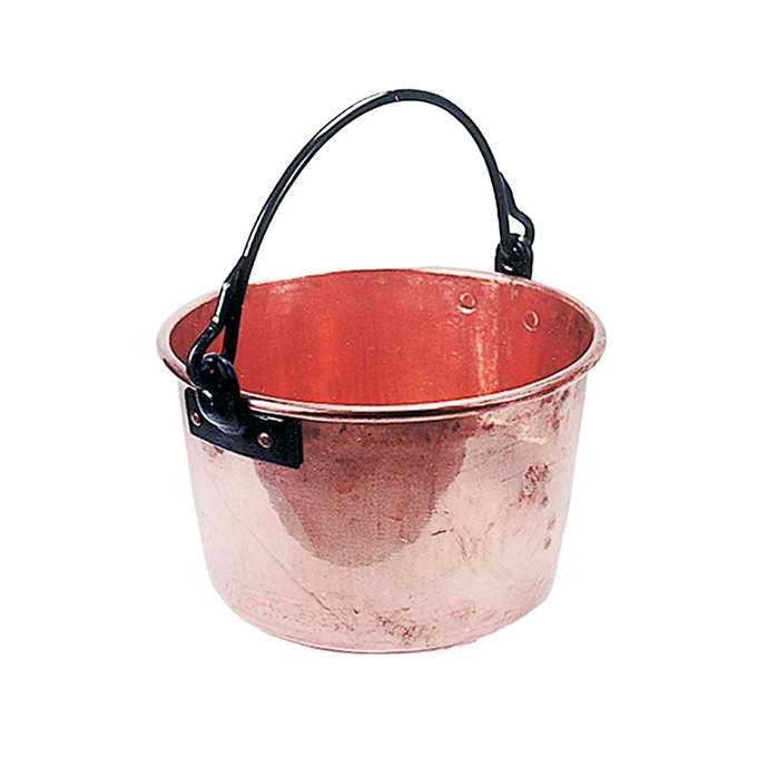 Generously sized copper kettle with a curved base and sturdy black handle, handcrafted in the USA; ideal for cooking apple butter and fits Farm, Garden & Tool, Kitchen & Food, Camping, and Cookware collections.