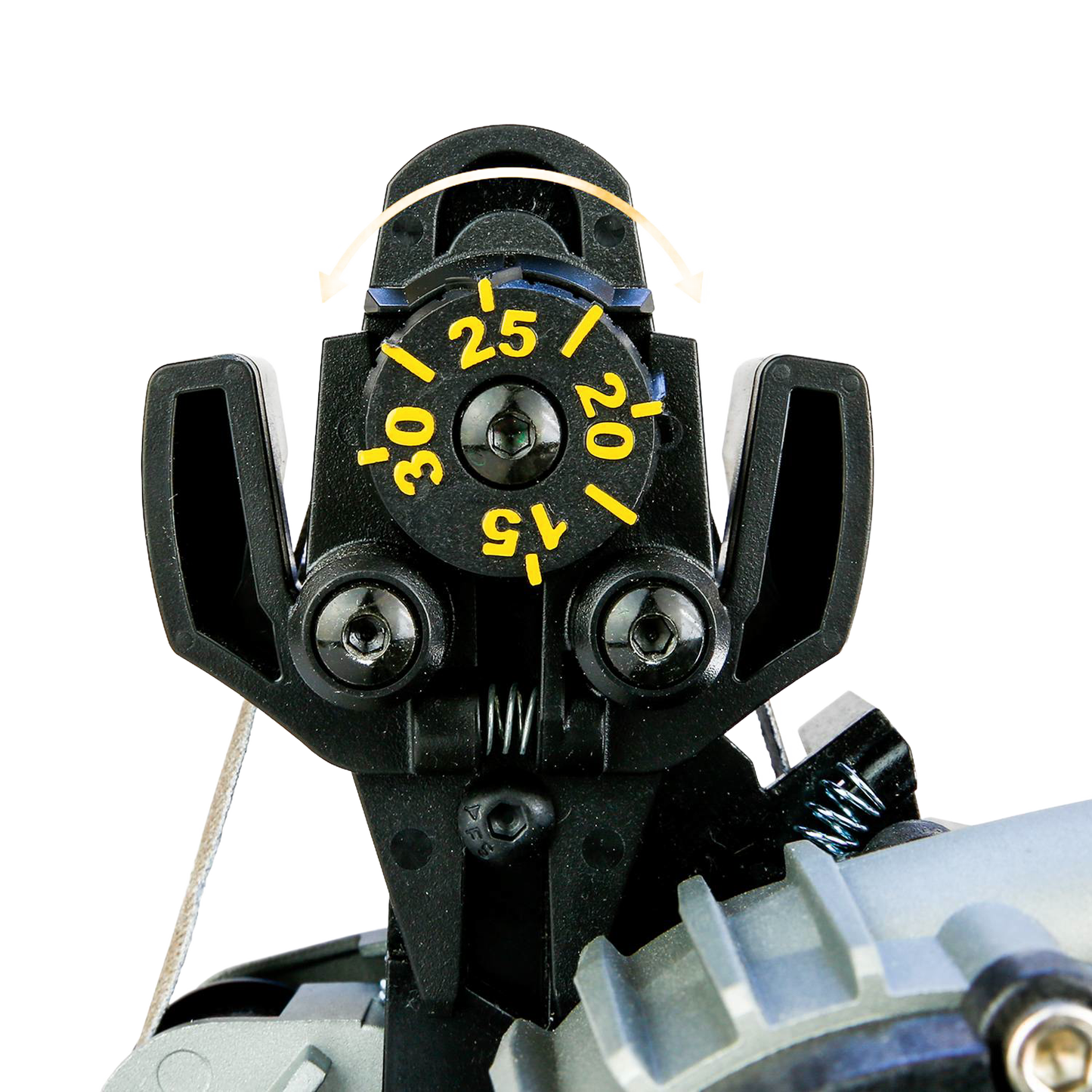 Close-up of the black adjustable tension dial on a versatile knife and tool sharpener, featuring clear yellow numbers and ergonomic design, ideal for Kitchen & Food and Food Prep collections.