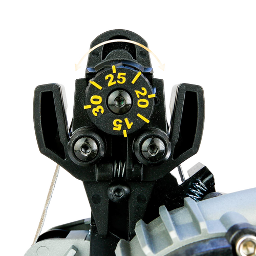 Close-up of the black adjustable tension dial on a versatile knife and tool sharpener, featuring clear yellow numbers and ergonomic design, ideal for Kitchen & Food and Food Prep collections.