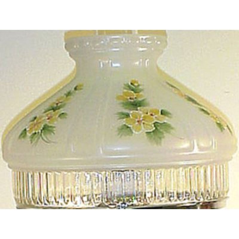 Frosted glass oil lamp shade with hand-painted yellow buttercup flowers and green leaves, featuring ribbed lower edge for Aladdin 10-inch shade rings in Lamps & Lighting and Lamp Shades collections.
