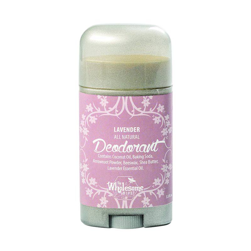 Handcrafted all-natural lavender deodorant stick with beeswax, shea butter, coconut oil, and baking soda, made in USA, featured in Health & Wellness and Grooming collections.