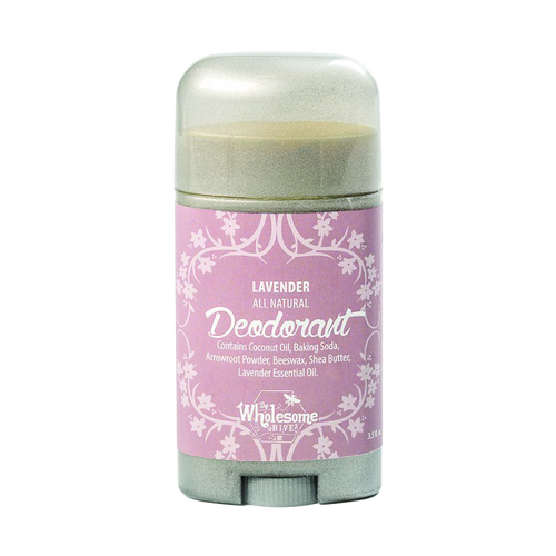 Handcrafted all-natural lavender deodorant stick with beeswax, shea butter, coconut oil, and baking soda, made in USA, featured in Health & Wellness and Grooming collections.