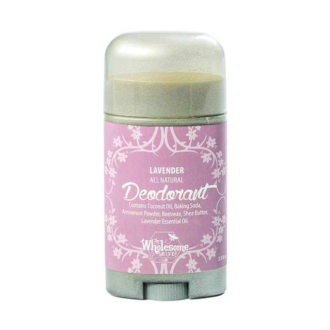 Handcrafted all-natural lavender deodorant stick with beeswax, shea butter, coconut oil, and baking soda, made in USA, featured in Health & Wellness and Grooming collections.