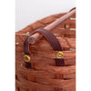 Close-up of a handwoven maple wood toilet paper holder basket featuring a birch dowel rod and leather handles with brass rivets, handcrafted in the USA; ideal for Home & Decor and Household Helpers collections.