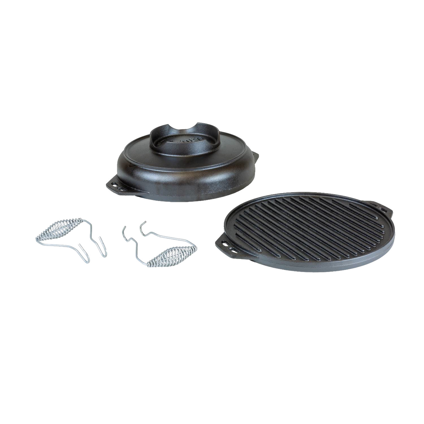 Handcrafted cast iron two-piece camping cookware set including a lid and ridged griddle, pre-seasoned for durability and versatile outdoor cooking, featured in Cast Iron, Camping, Kitchen & Food, USA Made, and Best Sellers collections.