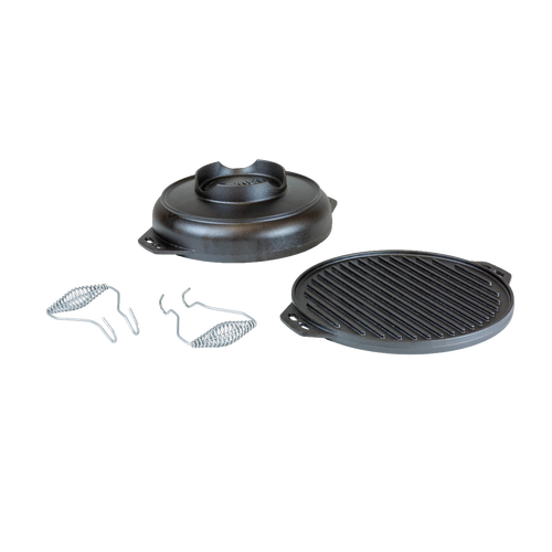 Handcrafted cast iron two-piece camping cookware set including a lid and ridged griddle, pre-seasoned for durability and versatile outdoor cooking, featured in Cast Iron, Camping, Kitchen & Food, USA Made, and Best Sellers collections.