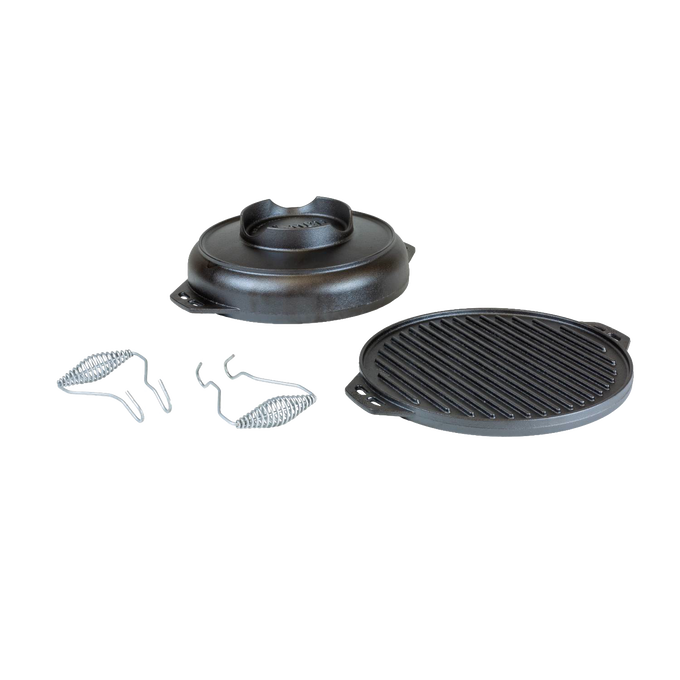 Handcrafted cast iron two-piece camping cookware set including a lid and ridged griddle, pre-seasoned for durability and versatile outdoor cooking, featured in Cast Iron, Camping, Kitchen & Food, USA Made, and Best Sellers collections.