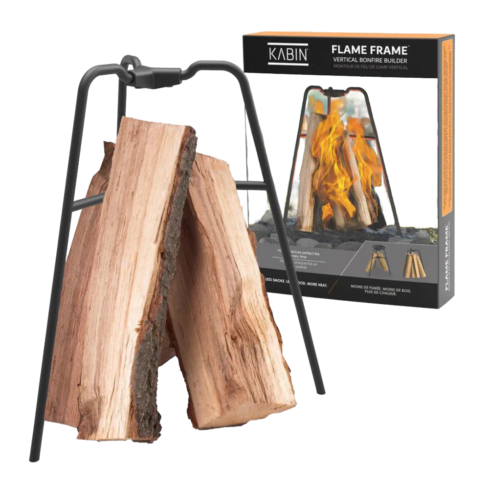 Black metal frame designed to hold firewood vertically for efficient burning and heat output, ideal for camping and outdoor use in Farm, Garden & Tool and Best Sellers collections.