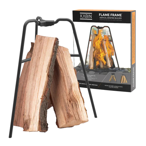 Black metal frame designed to hold firewood vertically for efficient burning and heat output, ideal for camping and outdoor use in Farm, Garden & Tool and Best Sellers collections.
