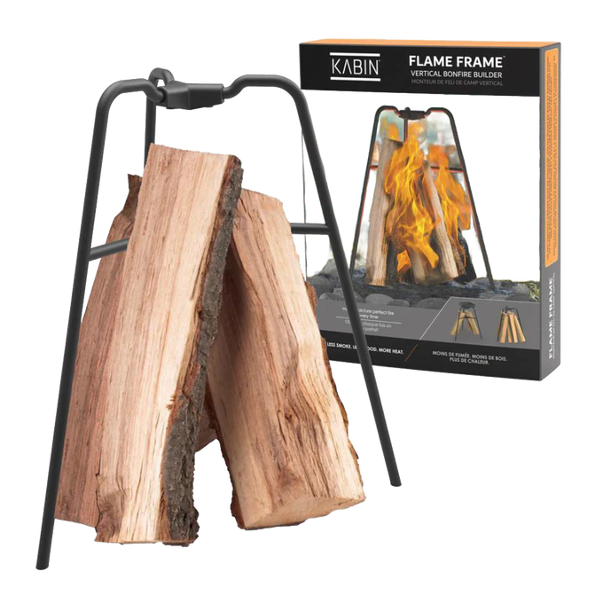 Black metal frame designed to hold firewood vertically for efficient burning and heat output, ideal for camping and outdoor use in Farm, Garden & Tool and Best Sellers collections.
